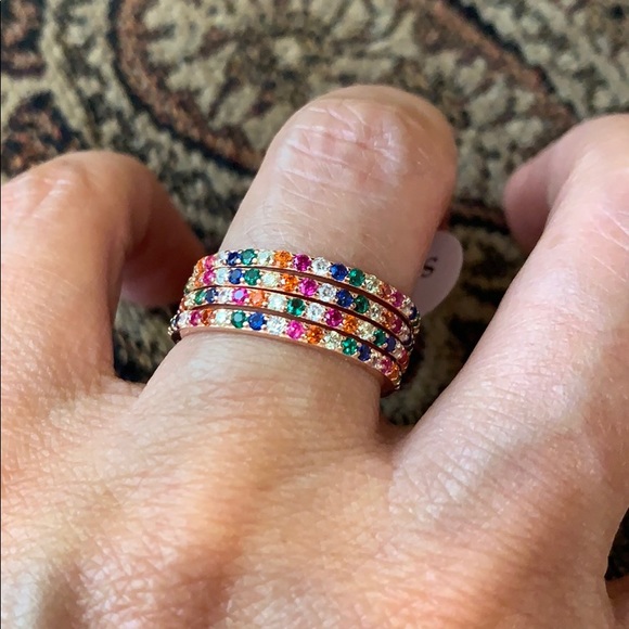 Rose Gold Plated multi color Rainbow Wedding Band - Picture 3 of 8